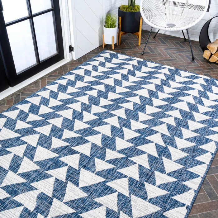 Andratx Modern Tribal Geometric Ivory/Blue 8 ft. x 10 ft. Indoor/Outdoor Area Rug
