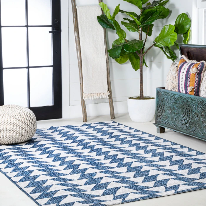 Andratx Modern Tribal Geometric Ivory/Blue 8 ft. x 10 ft. Indoor/Outdoor Area Rug