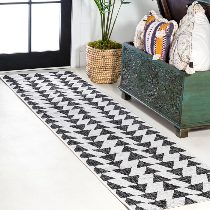 Andratx Modern Tribal Geometric Ivory/Black 2 ft. x 10 ft. Indoor/Outdoor Runner Rug