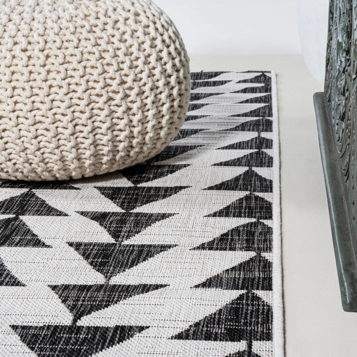 Andratx Modern Tribal Geometric Ivory/Black 2 ft. x 10 ft. Indoor/Outdoor Runner Rug