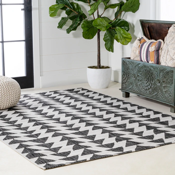 Andratx Modern Tribal Geometric Ivory/Black 8 ft. x 10 ft. Indoor/Outdoor Area Rug