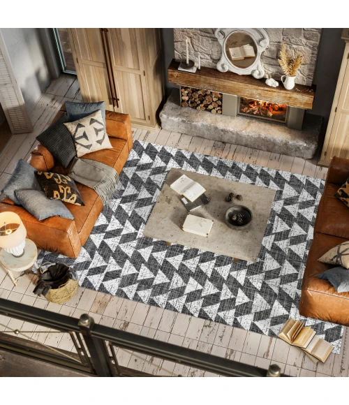 Andratx Modern Tribal Geometric Black/Ivory 5 ft. x 8 ft. Indoor/Outdoor Area Rug