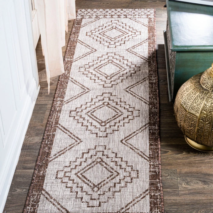 Marokko Diamond Tribal Medallion Beige/Brown 2 ft. x 10 ft. Indoor/Outdoor Runner Rug