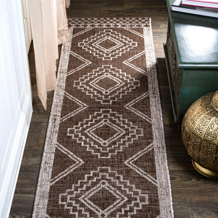 Marokko Diamond Tribal Medallion Brown/Beige 2 ft. x 10 ft. Indoor/Outdoor Runner Rug