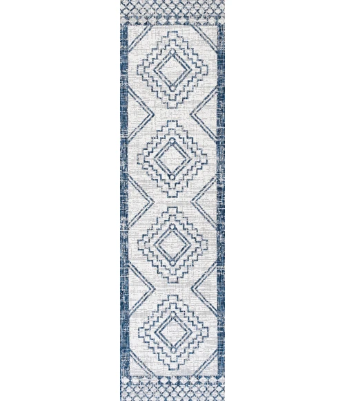 Marokko Diamond Tribal Medallion Ivory/Blue 2 ft. x 8 ft. Indoor/Outdoor Runner Rug