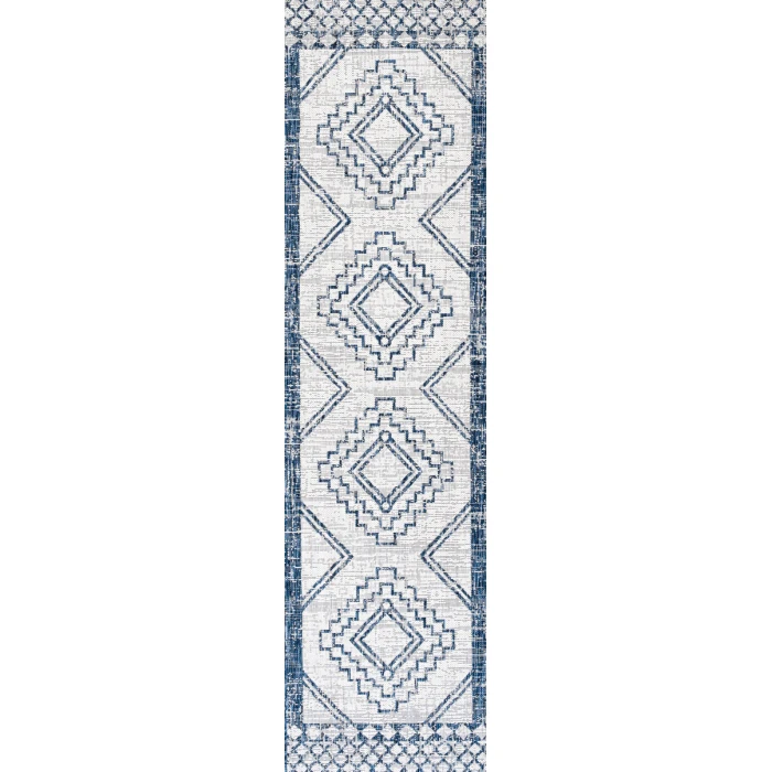 Marokko Diamond Tribal Medallion Ivory/Blue 2 ft. x 8 ft. Indoor/Outdoor Runner Rug
