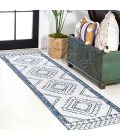 Marokko Diamond Tribal Medallion Ivory/Blue 2 ft. x 8 ft. Indoor/Outdoor Runner Rug
