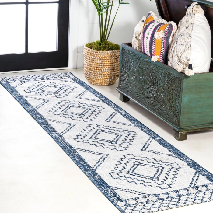 Marokko Diamond Tribal Medallion Ivory/Blue 2 ft. x 8 ft. Indoor/Outdoor Runner Rug