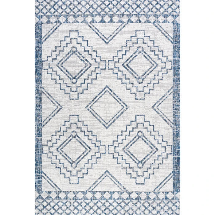 Marokko Diamond Tribal Medallion Ivory/Blue 3 ft. x 5 ft. Indoor/Outdoor Area Rug
