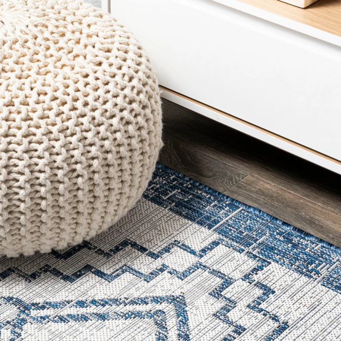 Marokko Diamond Tribal Medallion Ivory/Blue 2 ft. x 8 ft. Indoor/Outdoor Runner Rug