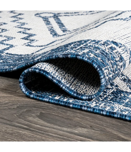 Marokko Diamond Tribal Medallion Ivory/Blue 2 ft. x 8 ft. Indoor/Outdoor Runner Rug