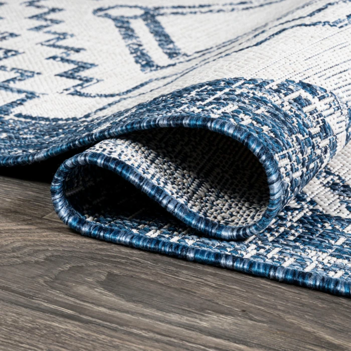 Marokko Diamond Tribal Medallion Ivory/Blue 2 ft. x 8 ft. Indoor/Outdoor Runner Rug