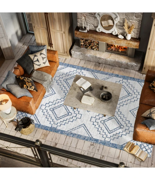 Marokko Diamond Tribal Medallion Ivory/Blue 5 ft. x 8 ft. Indoor/Outdoor Area Rug