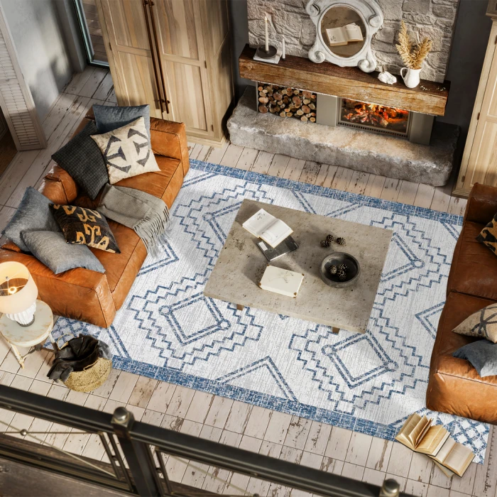 Marokko Diamond Tribal Medallion Ivory/Blue 3 ft. x 5 ft. Indoor/Outdoor Area Rug