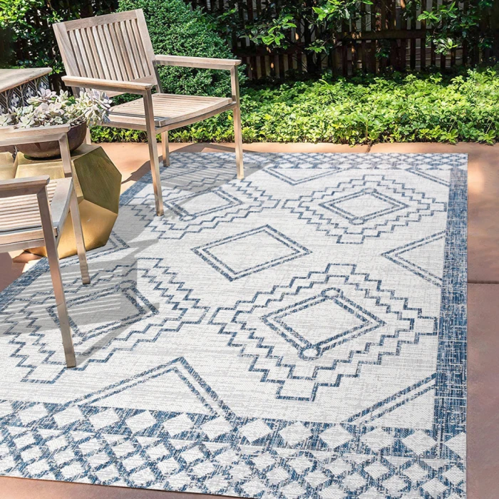 Marokko Diamond Tribal Medallion Ivory/Blue 3 ft. x 5 ft. Indoor/Outdoor Area Rug