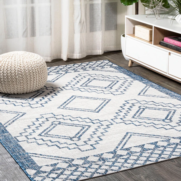 Marokko Diamond Tribal Medallion Ivory/Blue 3 ft. x 5 ft. Indoor/Outdoor Area Rug