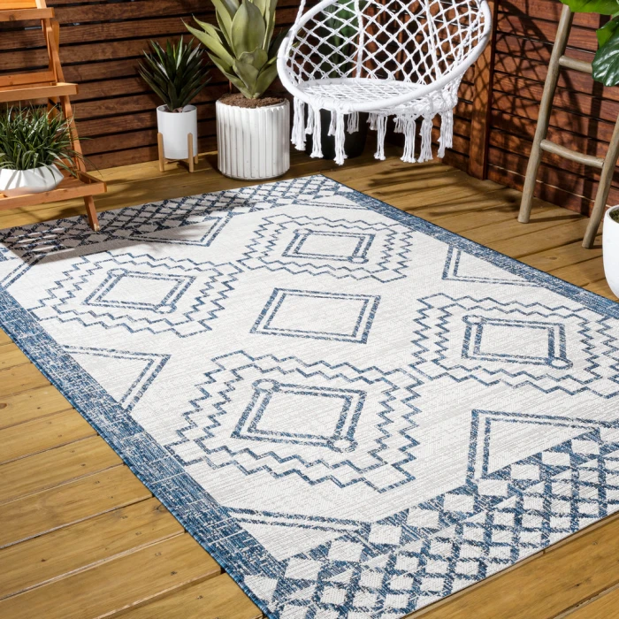 Marokko Diamond Tribal Medallion Ivory/Blue 3 ft. x 5 ft. Indoor/Outdoor Area Rug