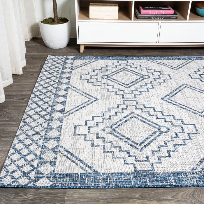 Marokko Diamond Tribal Medallion Ivory/Blue 3 ft. x 5 ft. Indoor/Outdoor Area Rug