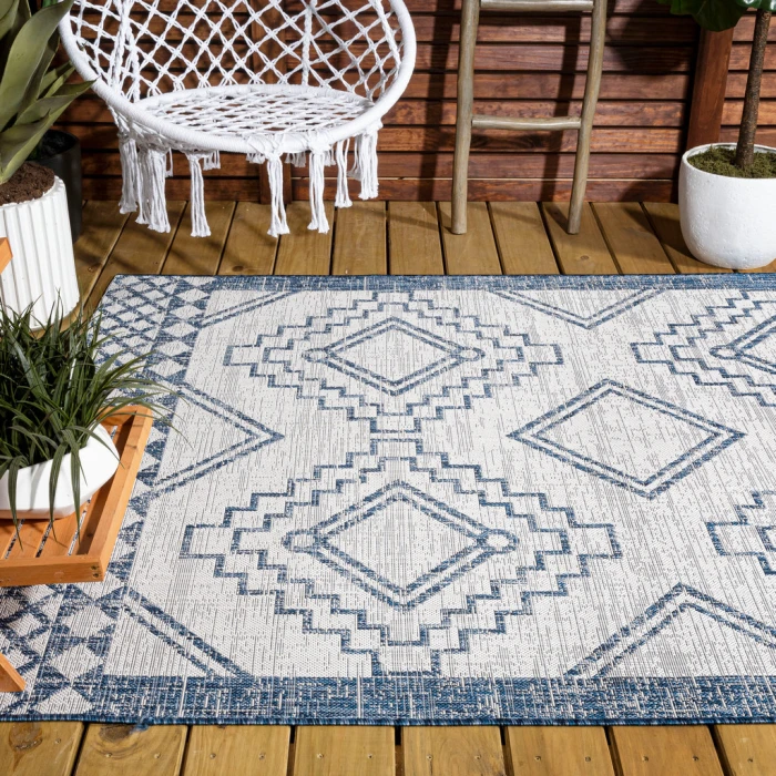 Marokko Diamond Tribal Medallion Ivory/Blue 3 ft. x 5 ft. Indoor/Outdoor Area Rug