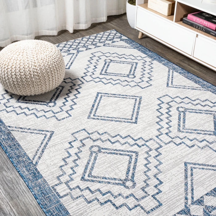 Marokko Diamond Tribal Medallion Ivory/Blue 3 ft. x 5 ft. Indoor/Outdoor Area Rug