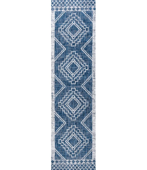 Marokko Diamond Tribal Medallion Blue/Ivory 2 ft. x 10 ft. Indoor/Outdoor Runner Rug