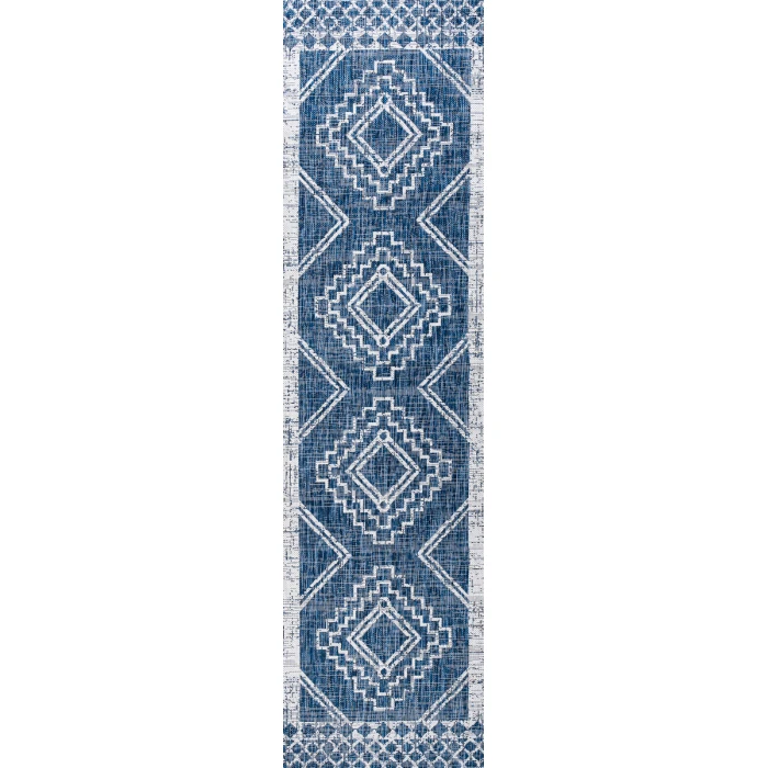 Marokko Diamond Tribal Medallion Blue/Ivory 2 ft. x 10 ft. Indoor/Outdoor Runner Rug