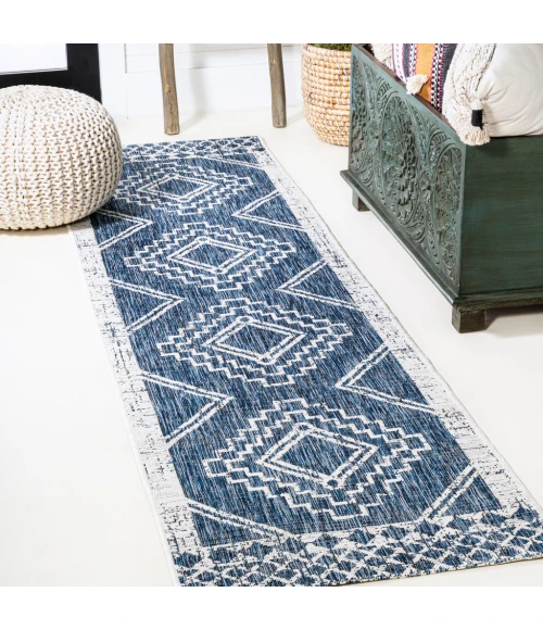 Marokko Diamond Tribal Medallion Blue/Ivory 2 ft. x 10 ft. Indoor/Outdoor Runner Rug