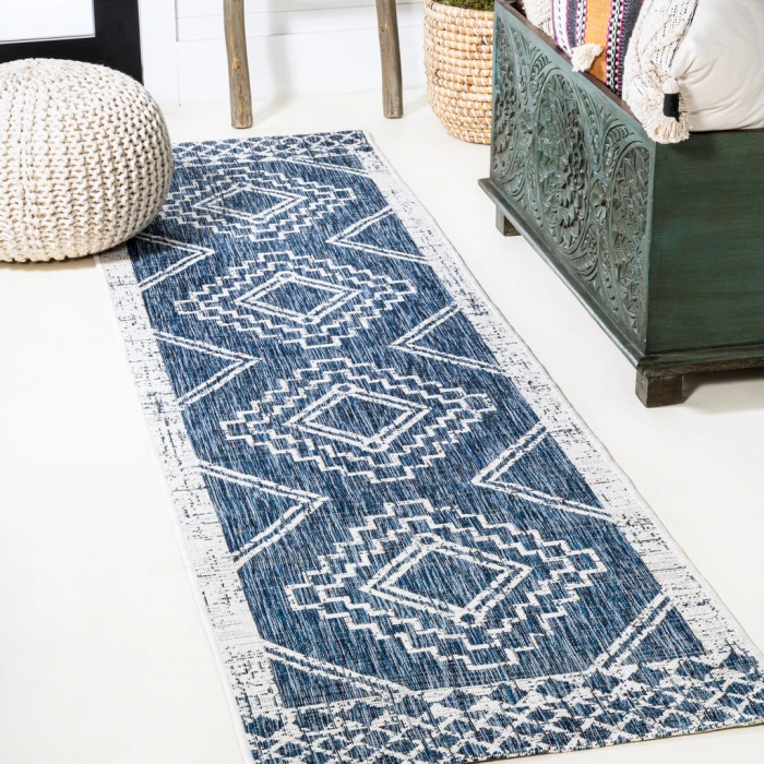 Marokko Diamond Tribal Medallion Blue/Ivory 2 ft. x 10 ft. Indoor/Outdoor Runner Rug
