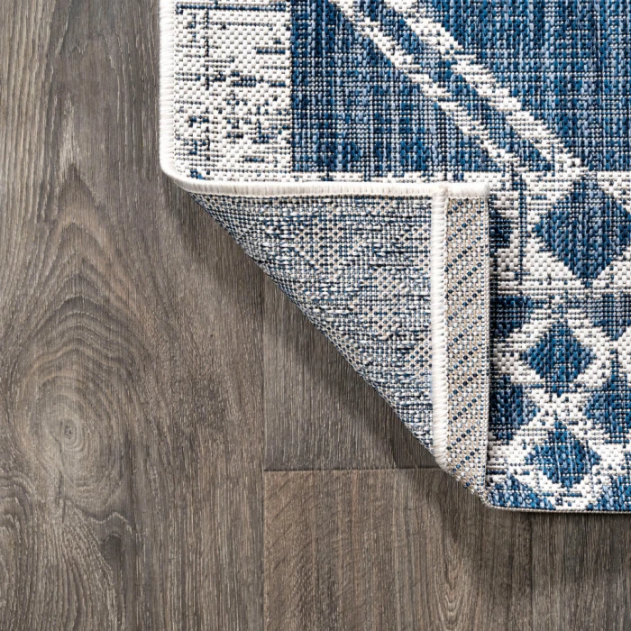 Marokko Diamond Tribal Medallion Blue/Ivory 2 ft. x 10 ft. Indoor/Outdoor Runner Rug