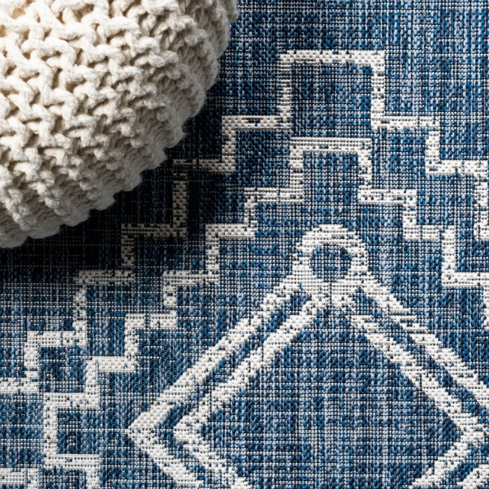 Marokko Diamond Tribal Medallion Blue/Ivory 2 ft. x 10 ft. Indoor/Outdoor Runner Rug