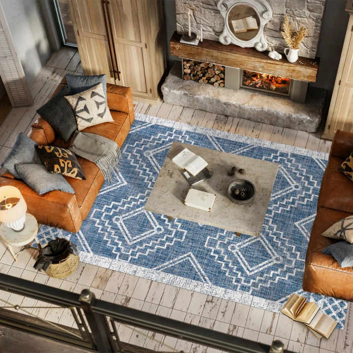 Marokko Diamond Tribal Medallion Blue/Ivory 4 ft. x 6 ft. Indoor/Outdoor Area Rug