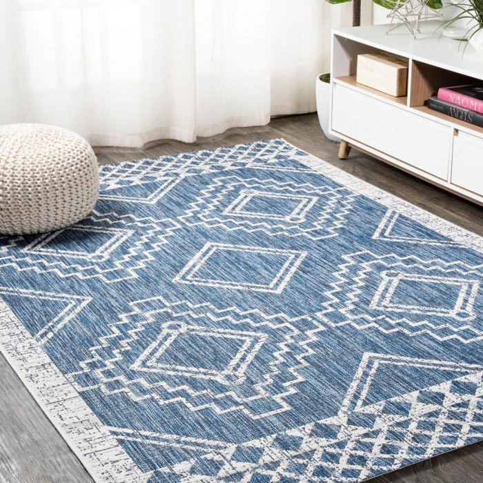 Marokko Diamond Tribal Medallion Blue/Ivory 4 ft. x 6 ft. Indoor/Outdoor Area Rug
