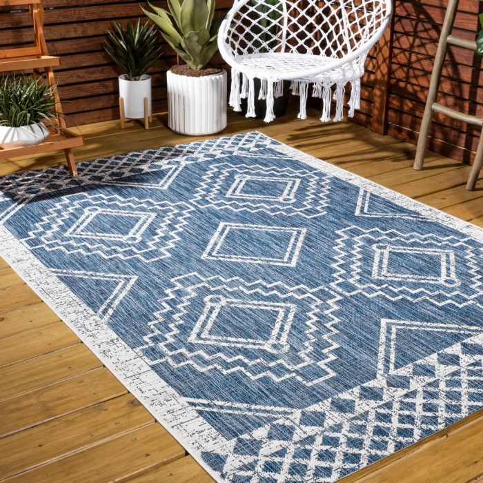 Marokko Diamond Tribal Medallion Blue/Ivory 4 ft. x 6 ft. Indoor/Outdoor Area Rug