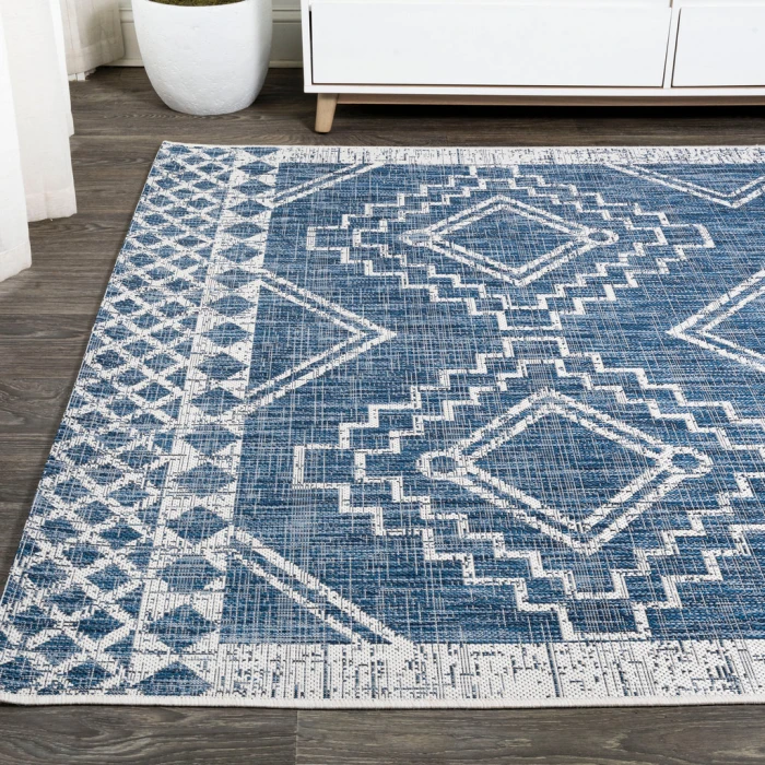 Marokko Diamond Tribal Medallion Blue/Ivory 4 ft. x 6 ft. Indoor/Outdoor Area Rug