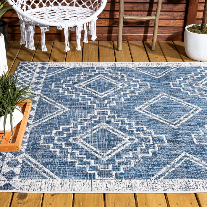 Marokko Diamond Tribal Medallion Blue/Ivory 4 ft. x 6 ft. Indoor/Outdoor Area Rug