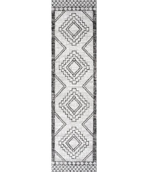 Marokko Diamond Tribal Medallion Ivory/Black 2 ft. x 8 ft. Indoor/Outdoor Runner Rug