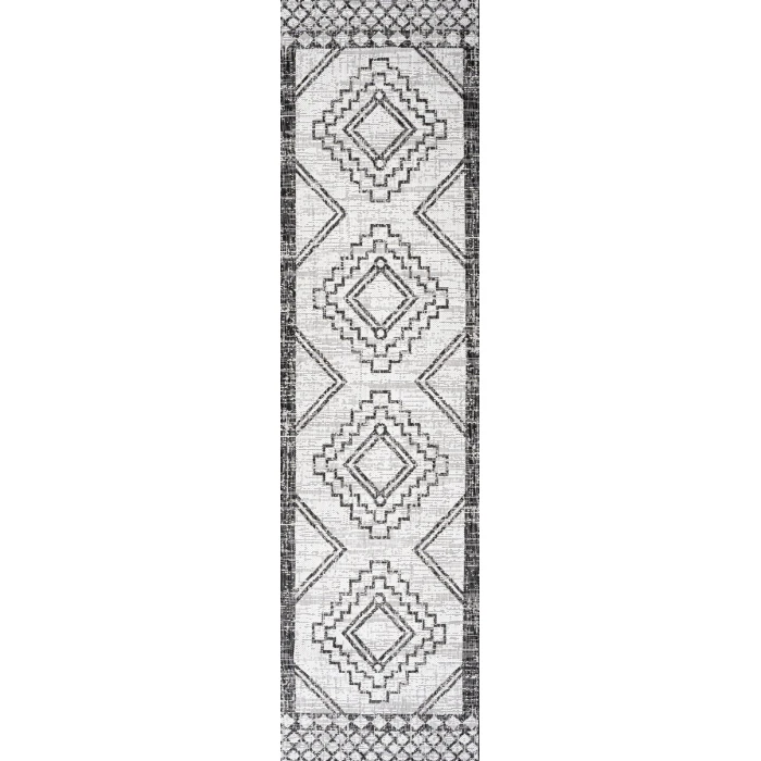 Marokko Diamond Tribal Medallion Ivory/Black 2 ft. x 10 ft. Indoor/Outdoor Runner Rug
