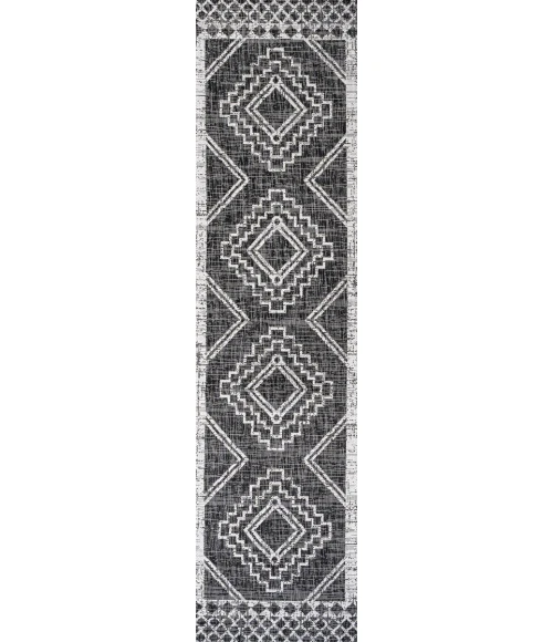 Marokko Diamond Tribal Medallion Black/Ivory 2 ft. x 10 ft. Indoor/Outdoor Runner Rug