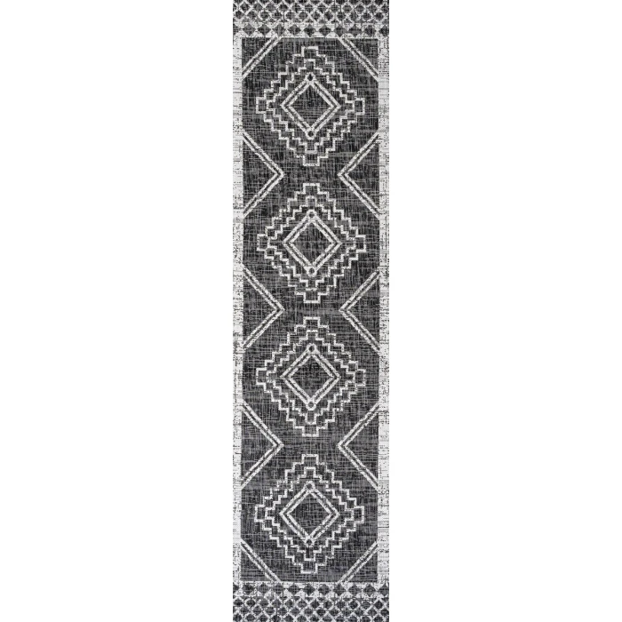 Marokko Diamond Tribal Medallion Black/Ivory 2 ft. x 8 ft. Indoor/Outdoor Runner Rug