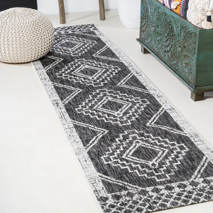 Marokko Diamond Tribal Medallion Black/Ivory 2 ft. x 8 ft. Indoor/Outdoor Runner Rug