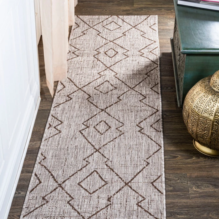 Carwa Tribal Diamond Trellis Beige/Brown 2 ft. x 10 ft. Indoor/Outdoor Runner Rug