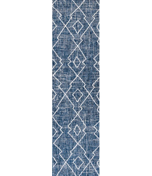 Carwa Tribal Diamond Trellis Blue/Ivory 2 ft. x 10 ft. Indoor/Outdoor Runner Rug