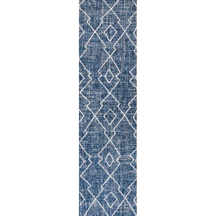 Carwa Tribal Diamond Trellis Blue/Ivory 2 ft. x 8 ft. Indoor/Outdoor Runner Rug