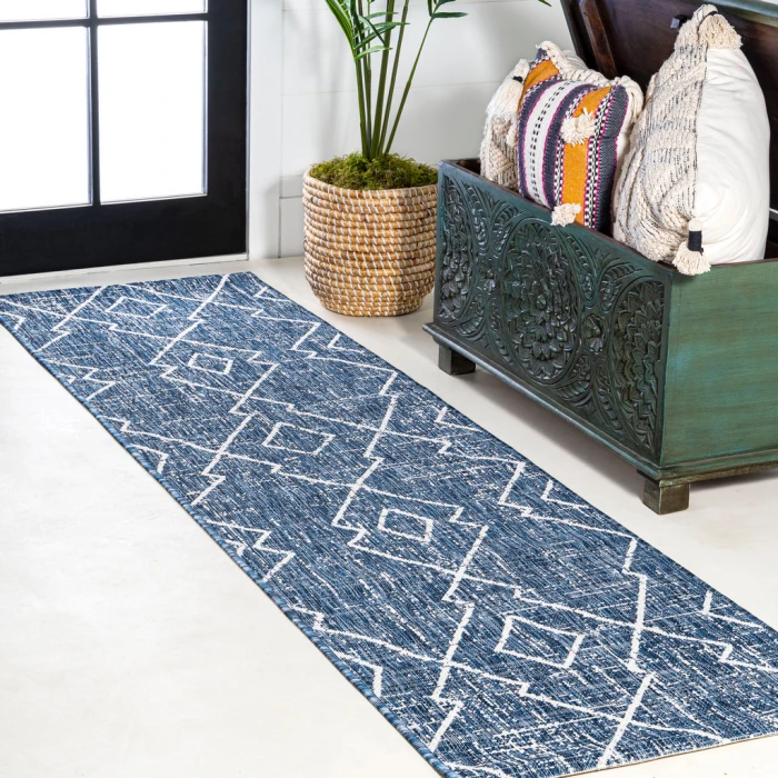 Carwa Tribal Diamond Trellis Blue/Ivory 2 ft. x 8 ft. Indoor/Outdoor Runner Rug