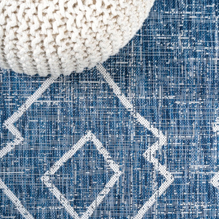 Carwa Tribal Diamond Trellis Blue/Ivory 2 ft. x 8 ft. Indoor/Outdoor Runner Rug