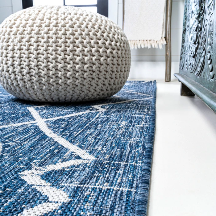 Carwa Tribal Diamond Trellis Blue/Ivory 2 ft. x 8 ft. Indoor/Outdoor Runner Rug