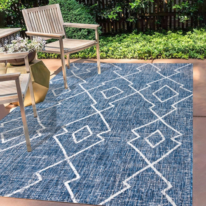 Carwa Tribal Diamond Trellis Blue/Ivory 3 ft. x 5 ft. Indoor/Outdoor Area Rug