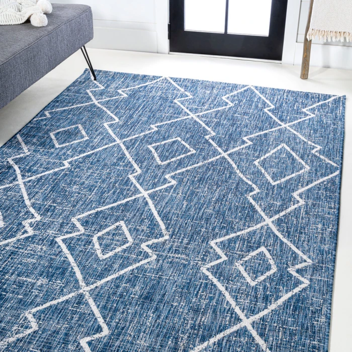 Carwa Tribal Diamond Trellis Blue/Ivory 3 ft. x 5 ft. Indoor/Outdoor Area Rug