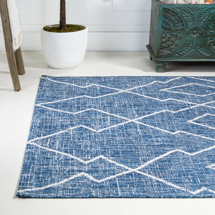 Carwa Tribal Diamond Trellis Blue/Ivory 3 ft. x 5 ft. Indoor/Outdoor Area Rug