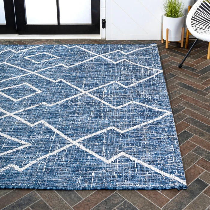 Carwa Tribal Diamond Trellis Blue/Ivory 3 ft. x 5 ft. Indoor/Outdoor Area Rug